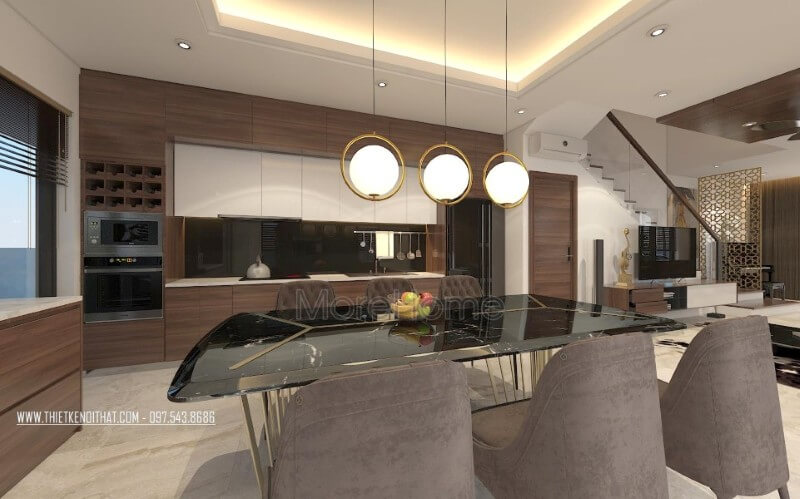 Thiết kế nội thất phòng bếp biệt thự hiện đại, không đi sâu vào chi tiết cầu kỳ mà đơn giản, nhấn mạnh tính công năng và mang đến một không gian gọn gàng và sang trọng hơn cho gia chủ. Thiết kế nội thất phòng bếp