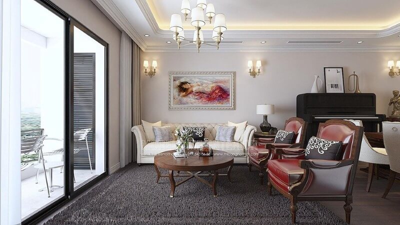 Thiết kế nội thất chung cư tân cổ điển sẽ được đẹp tinh tế từ đồ nội thất đến đồ trang trí Các mẫu thiết kế phòng khách tân cổ điển tiện nghi