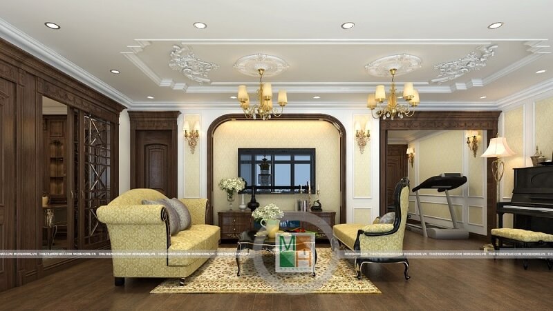 Thiết kế nội thất phòng khách chung cư Mandarin đẹp với phong cách tân cổ điển cùng đồ nội thất gỗ tự nhiên cao cấp. Các mẫu thiết kế phòng khách tân cổ điển tiện nghi