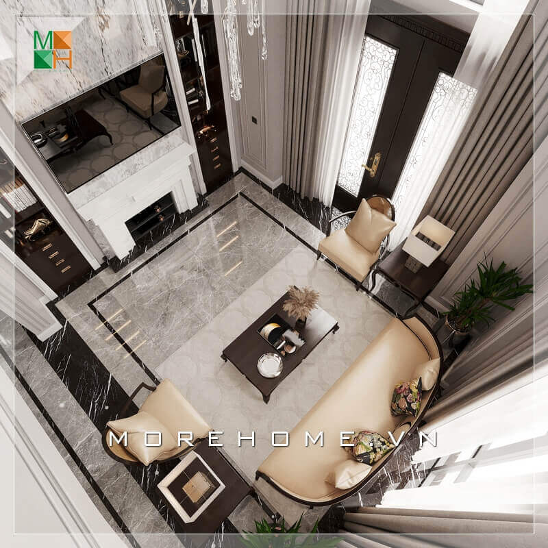 Mẫu bàn ghế sofa phòng khách sang trọng, chất liệu bàn gỗ tự nhiên cao cấp và bộ ghế sofa bọc da chân ghế gỗ tự nhiên tạo nên một không gian phòng khách sang trọng và đẳng cấp. Các mẫu thiết kế phòng khách tân cổ điển tiện nghi