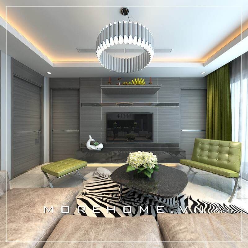 Bố trí nội thất phòng khách hiện đại, đẹp kết hợp gỗ ốp tường tạo điểm nhấn ấn tượng cho căn hộ chung cư.